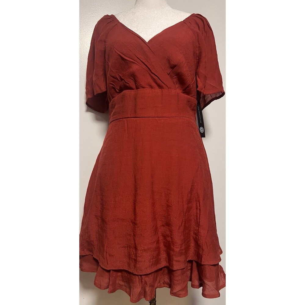 AS U WISH Women’s Red Wrap V-Neck Ruffle Dress Size M NWT